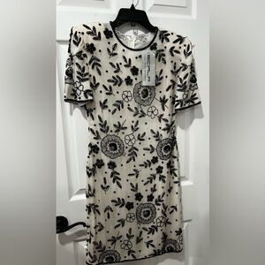 VTG NWT Sm Scala Black/White Floral Hand Beaded Silk Sheath SS Midi Dress Lined